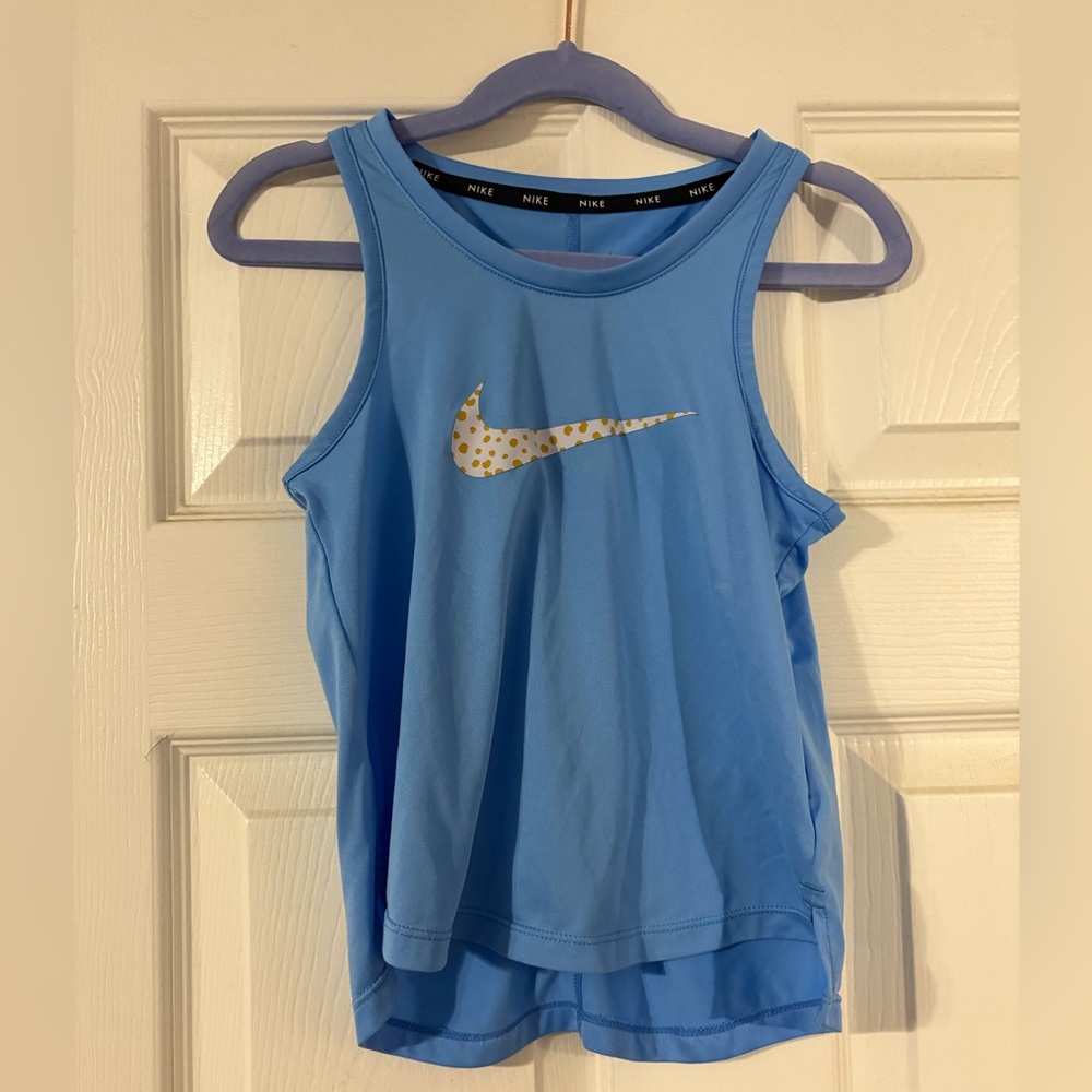 Girls Nike Light Blue Tank Top with Gold Swoosh Sz XS GUC